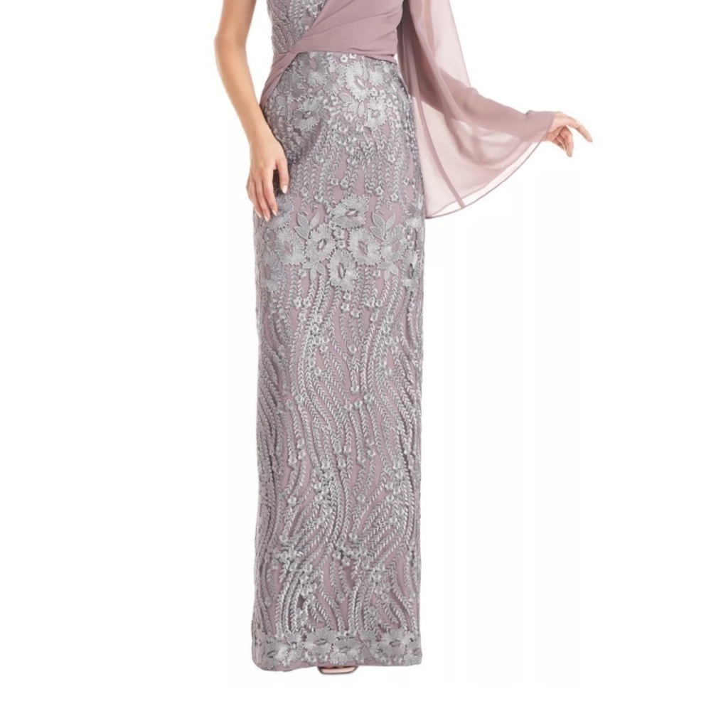 JS Collections Amari One-Shoulder Twist Embroidered Lace Overlay Gown in Steel - Picture 7 of 8